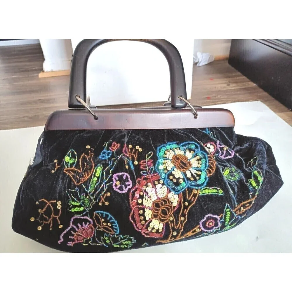 Vintage Style Satchel Purse Wood Handle Black & Multi Colored Beaded Hand Sewn